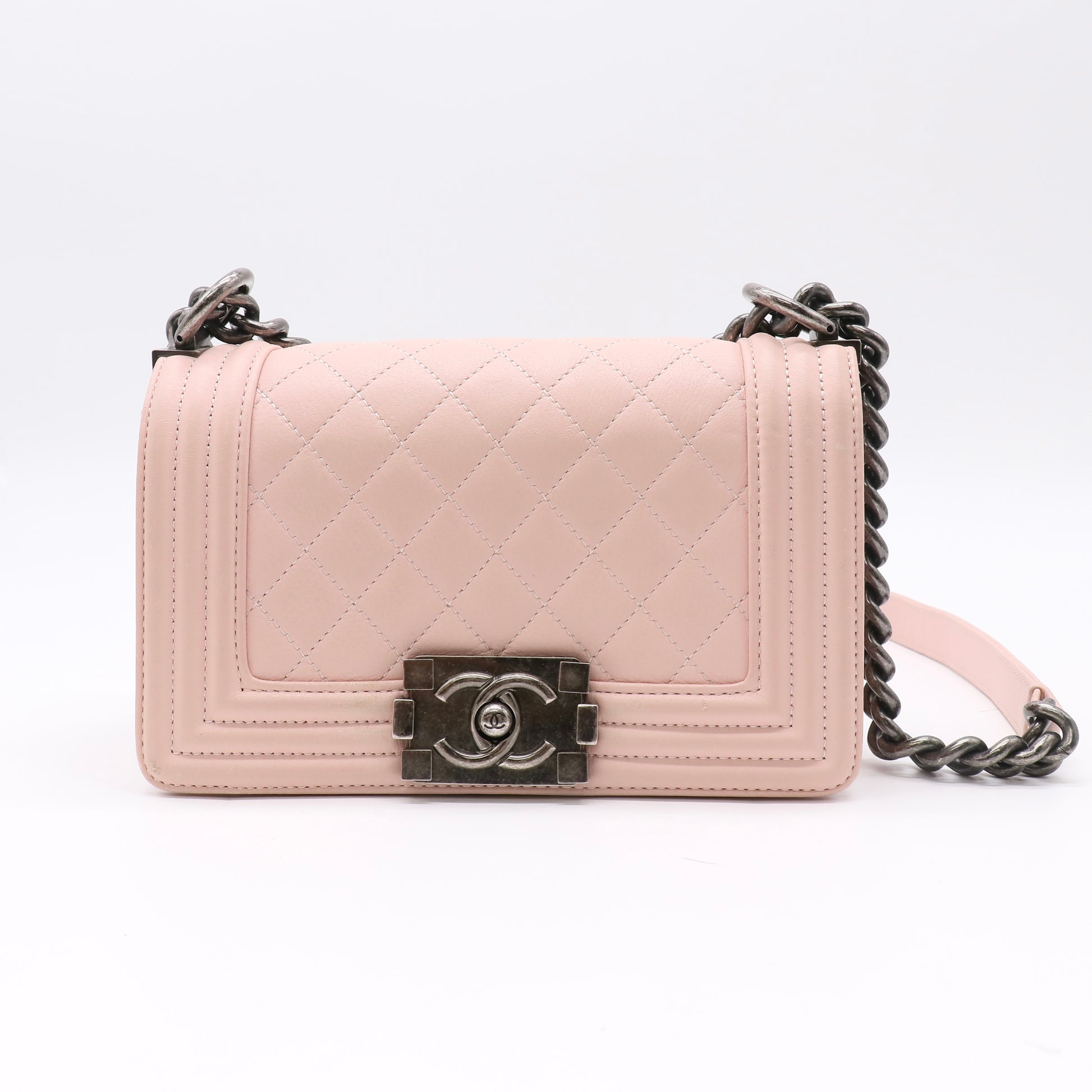 Calfskin Quilted Small Boy Flap Light Pink Twins LDJ5019