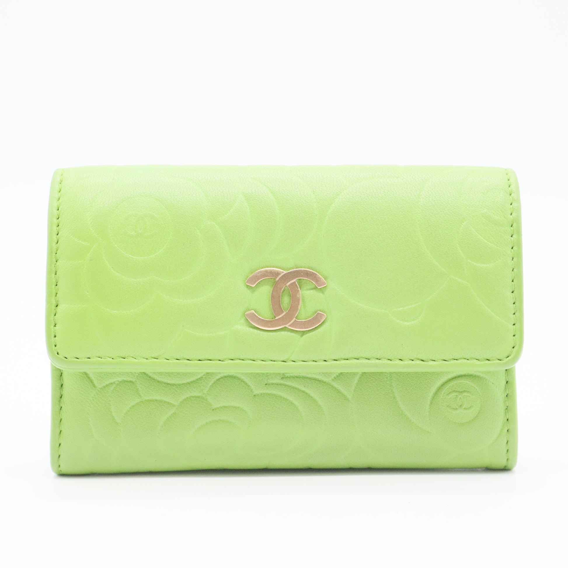 Lambskin Embossed Camellia French Wallet Light Green