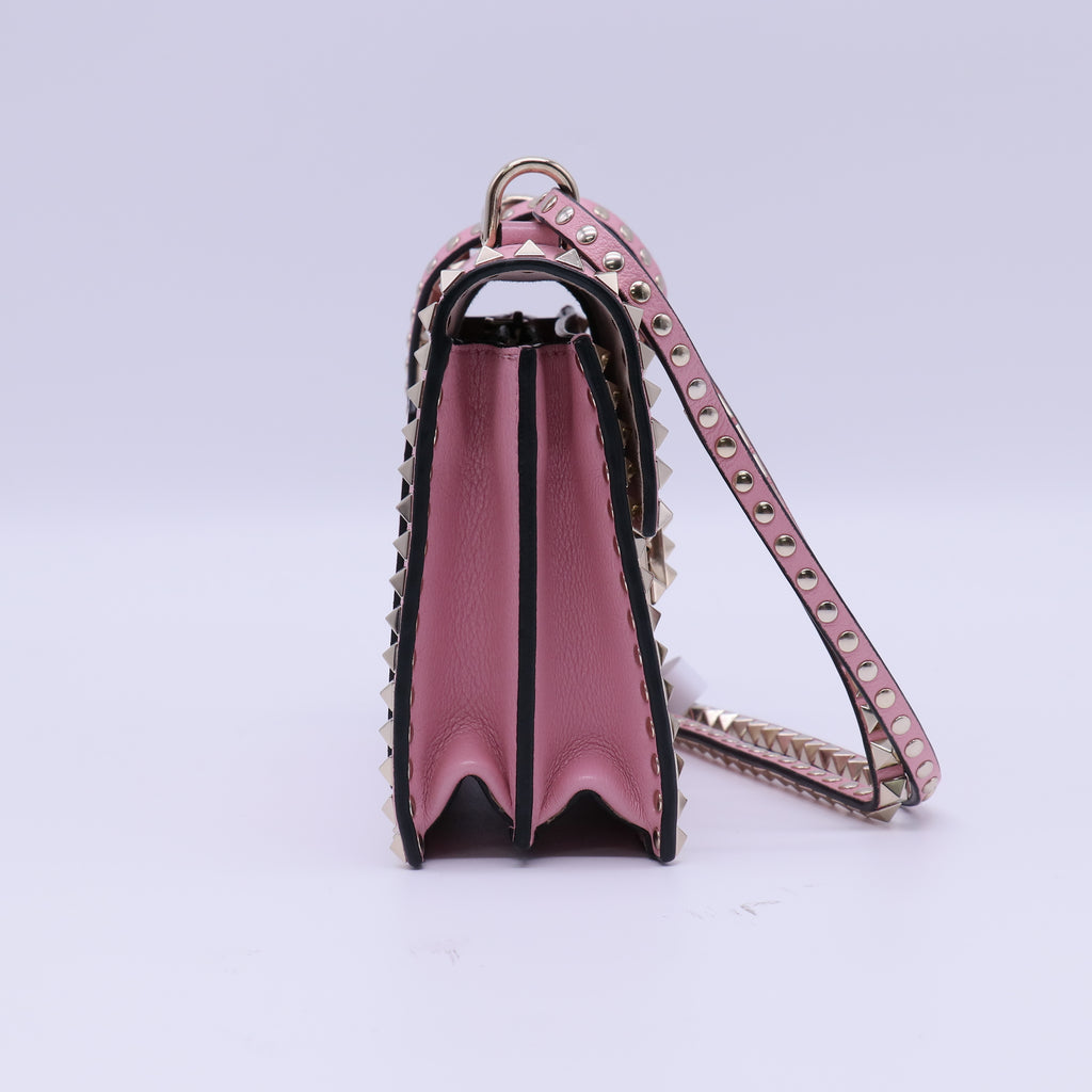 Pebbled Calfskin Rockstud Flip Lock Chain Crossbody Bag Twins B21881