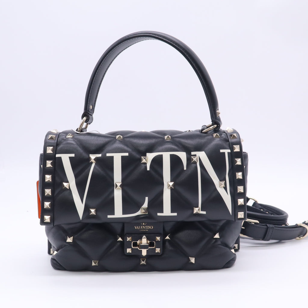 Valentino Garavani Lambskin VLTN Print Candystud Top Handle Bag Black Twins LDZ1073