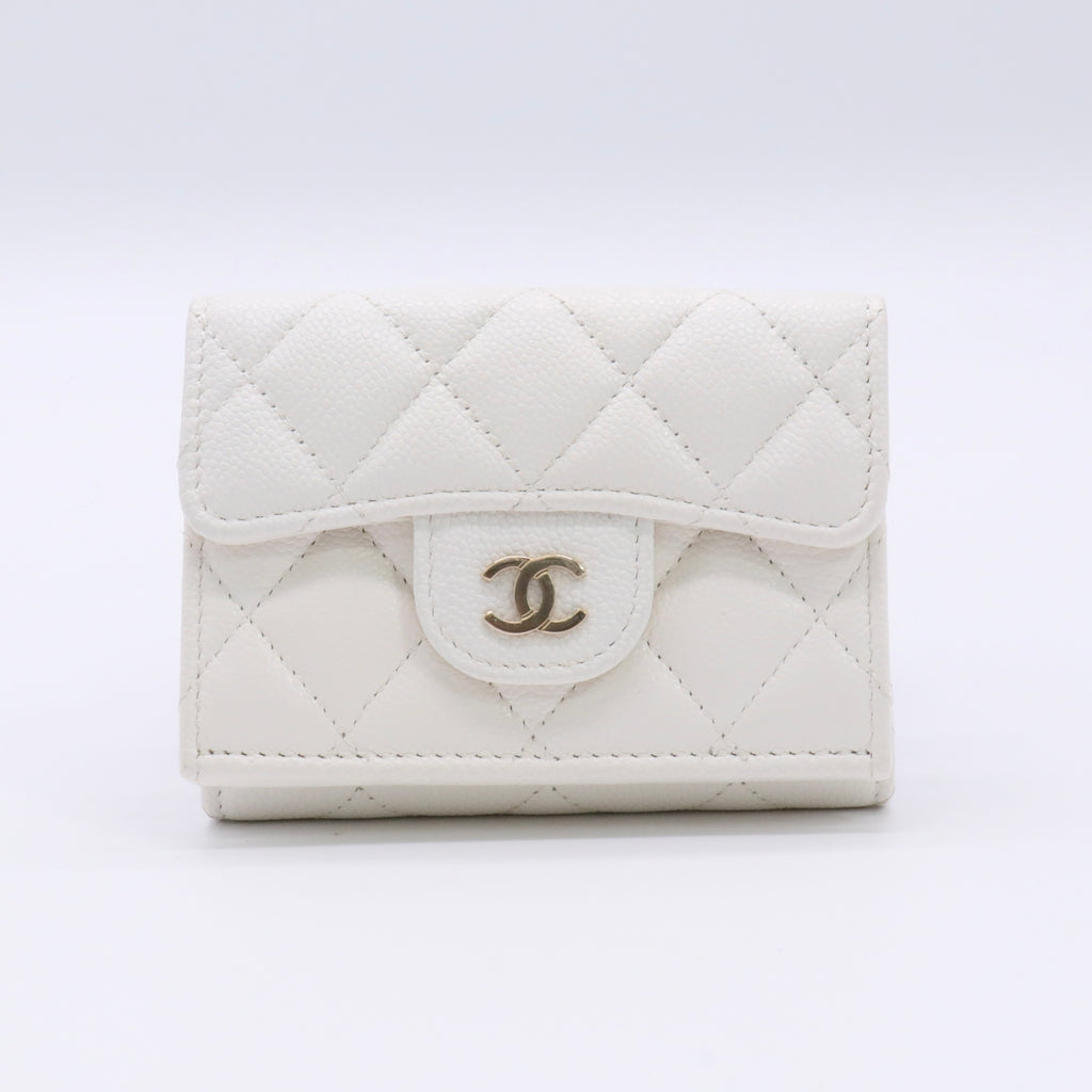 Caviar Quilted Flap Card Holder Wallet White twins