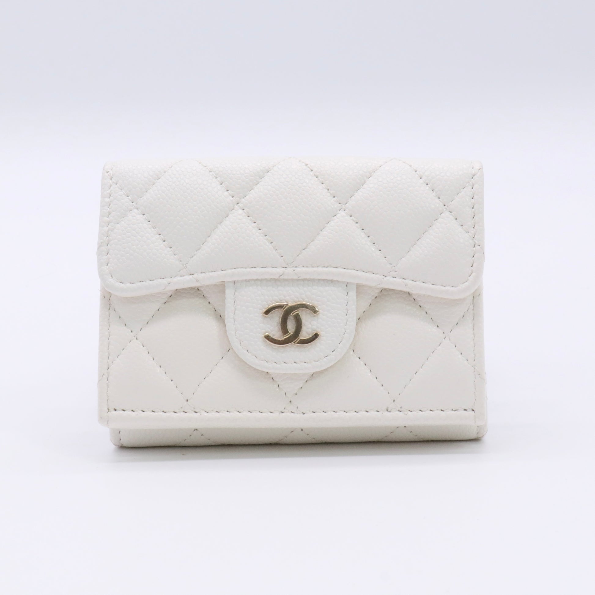 Caviar Quilted Flap Card Holder Wallet White twins