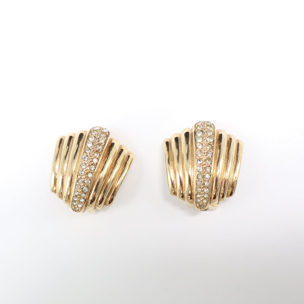 Vintage Christian Dior Rhinestone Ribbed Shell Clip-On Earrings W21900