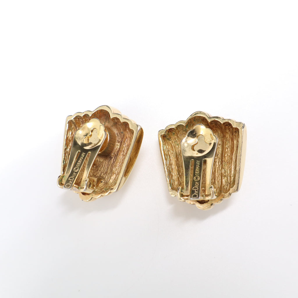 Vintage Christian Dior Rhinestone Ribbed Shell Clip-On Earrings W21900