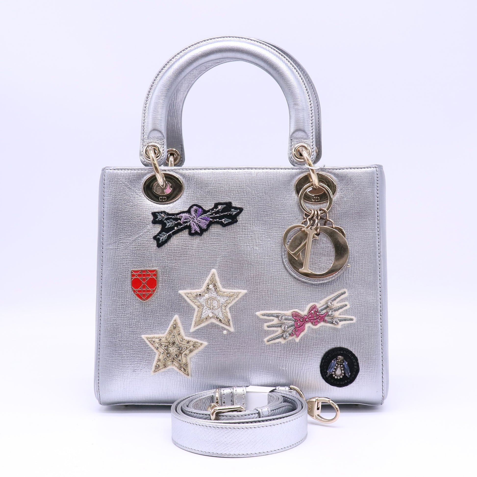 Christian Dior Metallic Calfskin Embroidered Lady Dior Silver Multicolor twins LDJ4339
