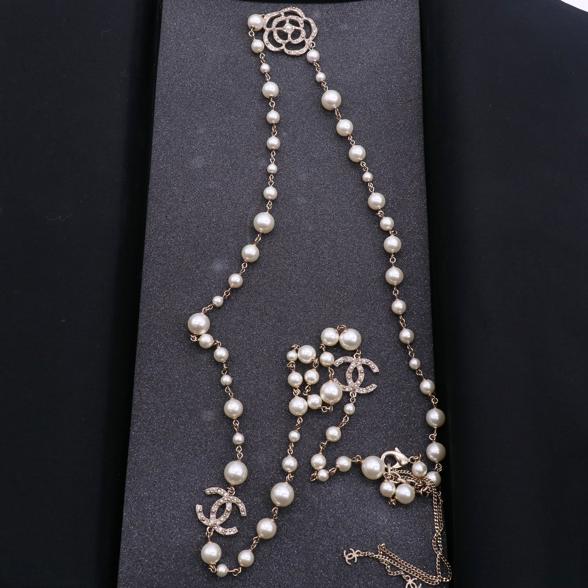 CC Double Strand Long Necklace Metal with Faux Pearls and Crystals Twins W20869