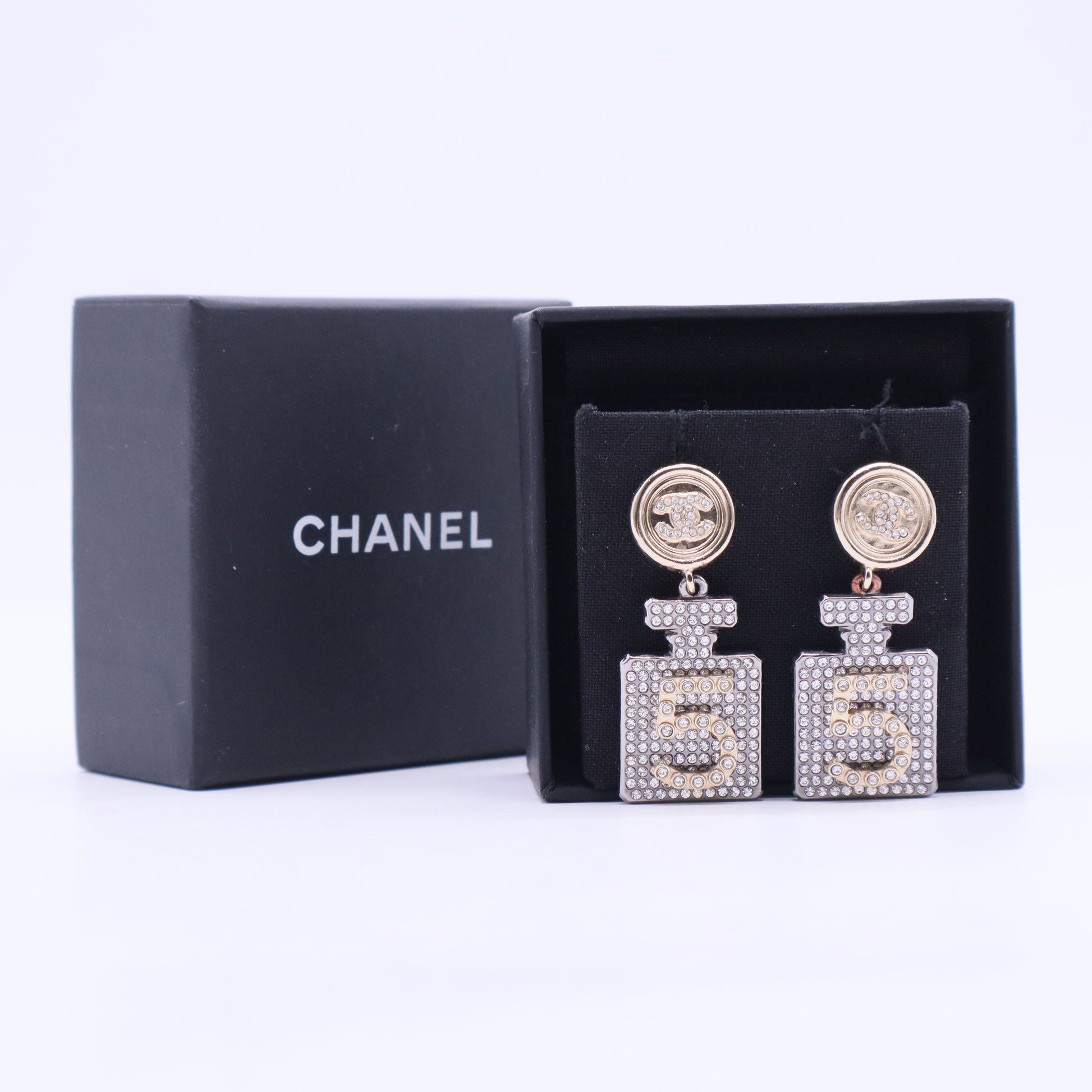 Chanel Gold Plated and Silver Plated CC Rhinestone No 5 Perfume Bottle Drop Push Back Earrings Twins LDJ2866