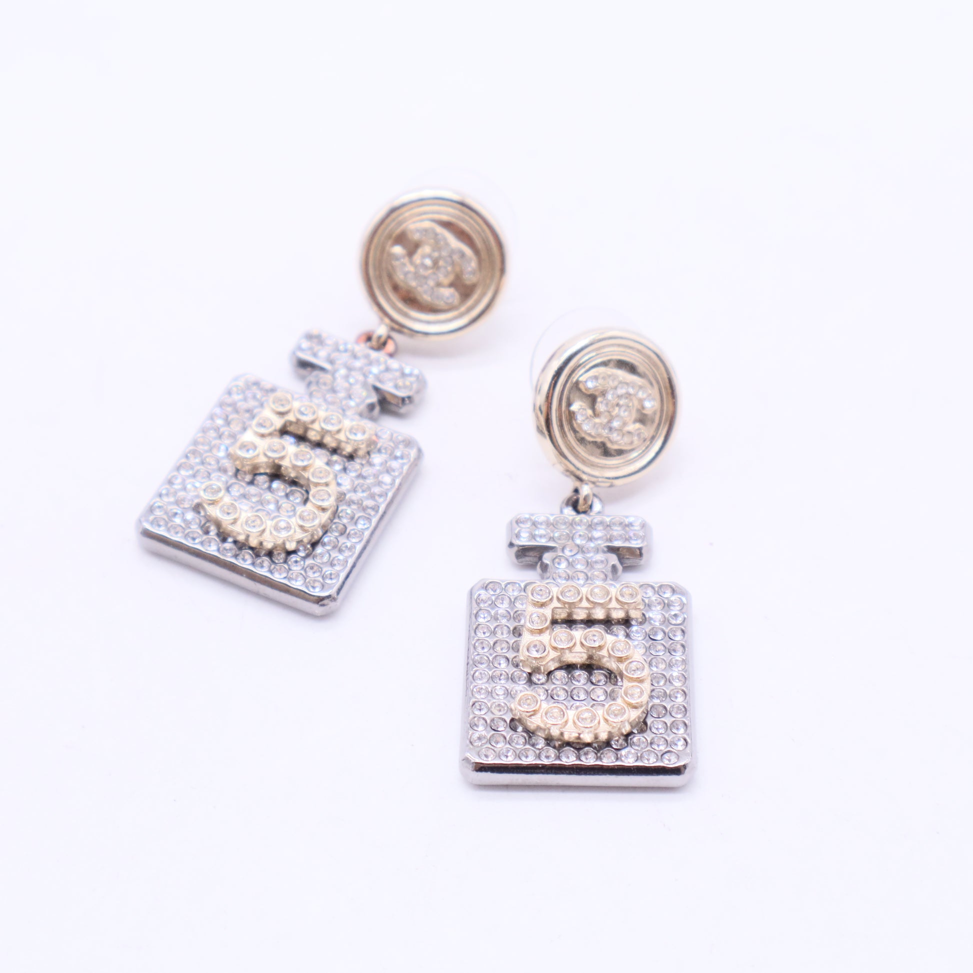 Chanel Gold Plated and Silver Plated CC Rhinestone No 5 Perfume Bottle Drop Push Back Earrings Twins LDJ2866