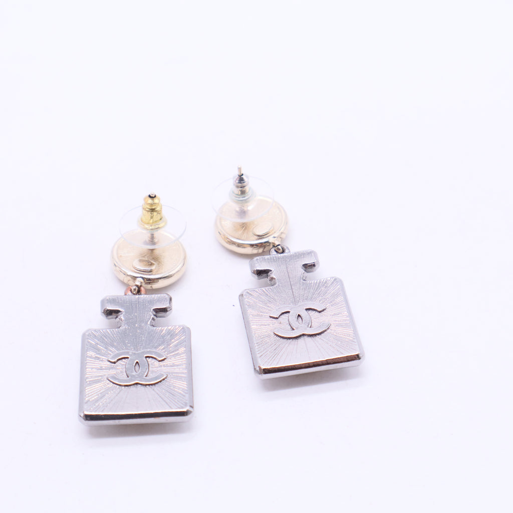 Chanel Gold Plated and Silver Plated CC Rhinestone No 5 Perfume Bottle Drop Push Back Earrings Twins LDJ2866