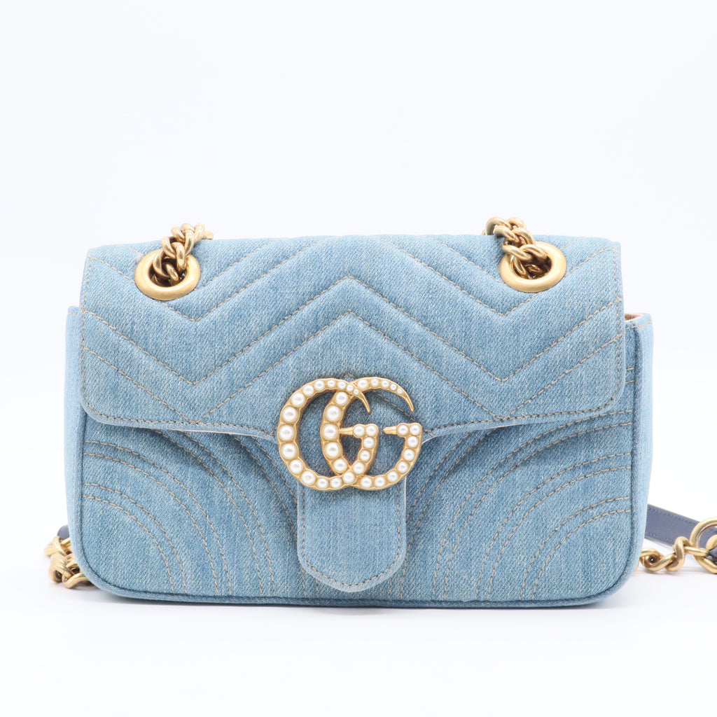 Pearly GG Marmont Flap Bag Matelasse Denim