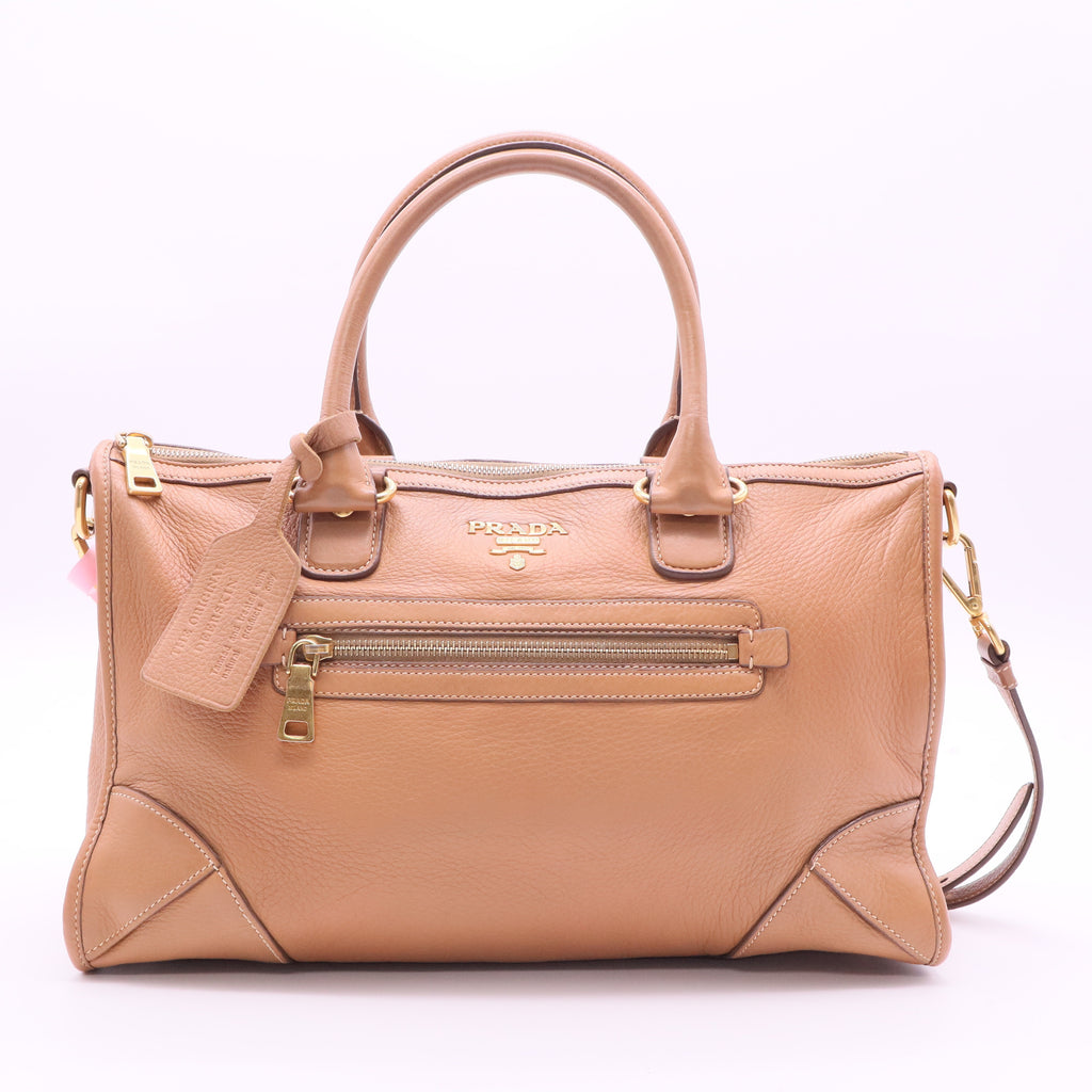 Light Brown Vitello Daino Leather Zip East/West Top Handle Bag twins