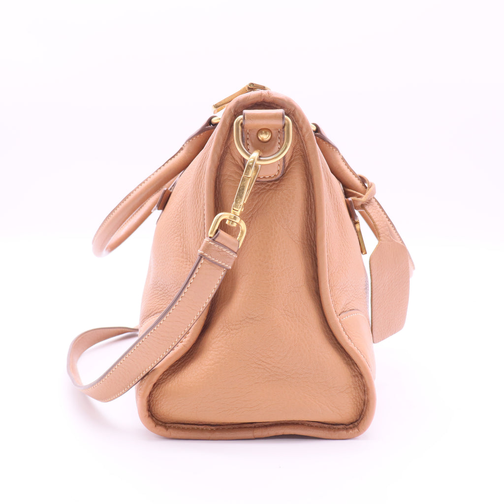 Light Brown Vitello Daino Leather Zip East/West Top Handle Bag twins