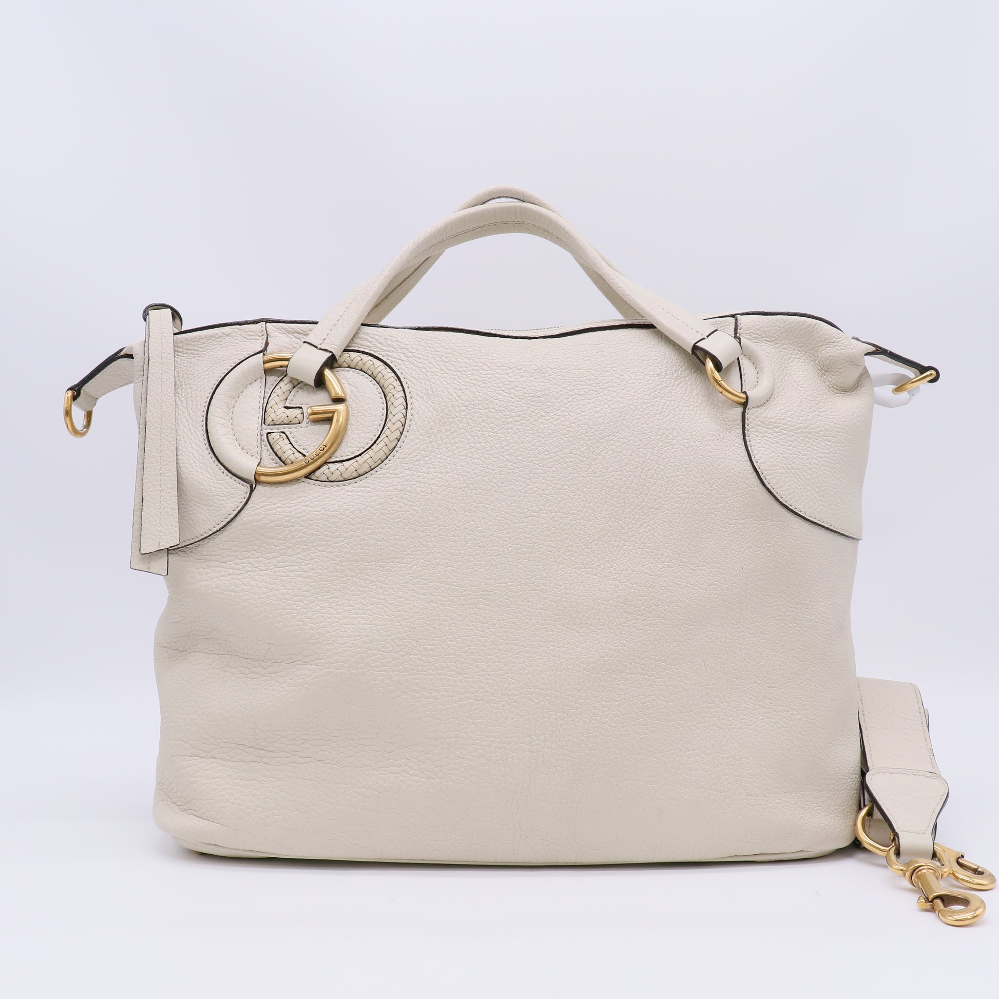 Gucci White Pebbled Leather Twill Top Handle Bag B23973
