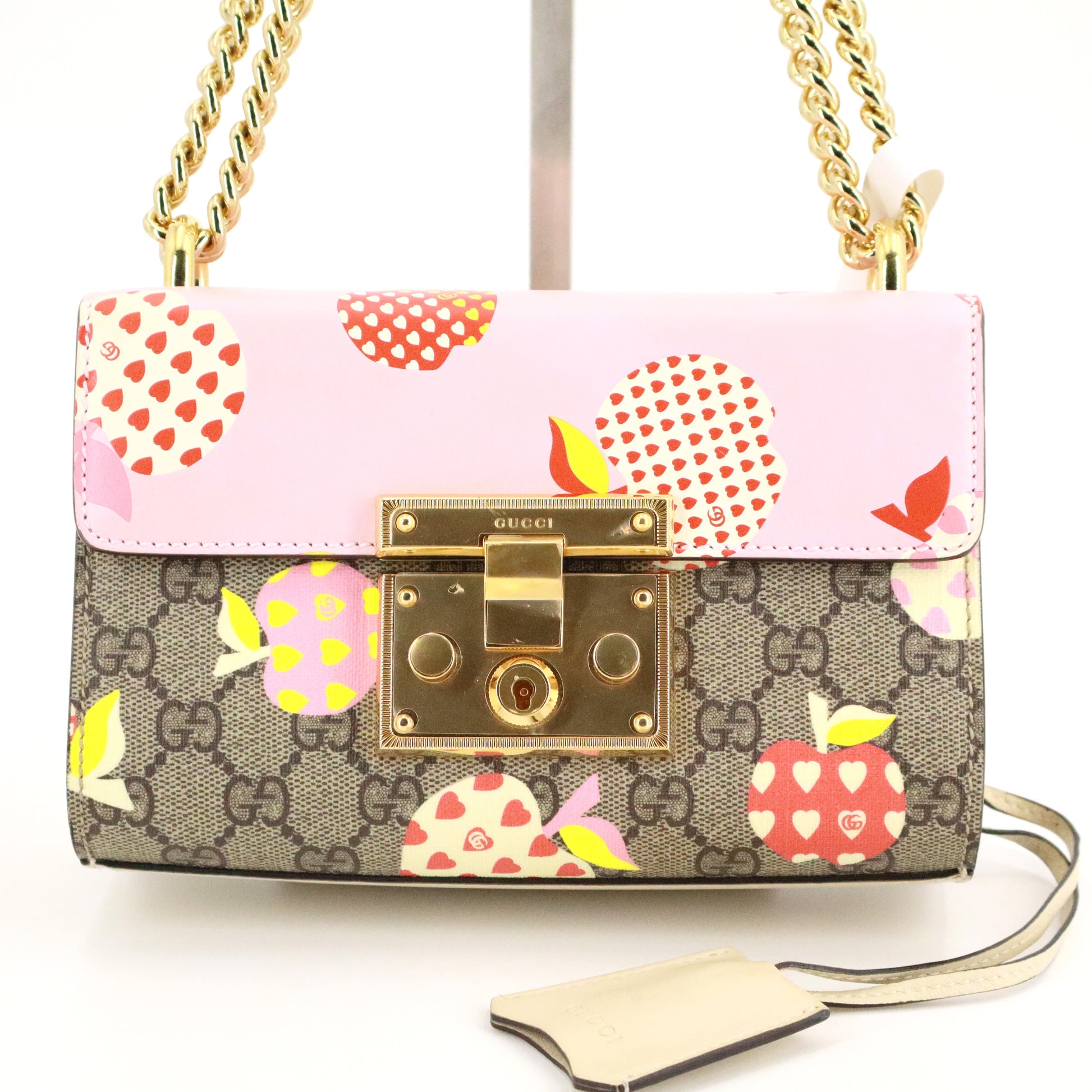 GG Supreme Monogram Les Pommes Small Padlock Shoulder Bag Beige Ebony Multicolor Pink