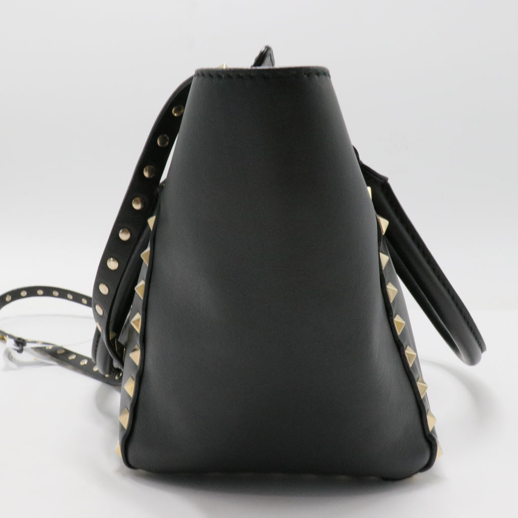 Vitello Small Rockstud Double Handle Tote Black