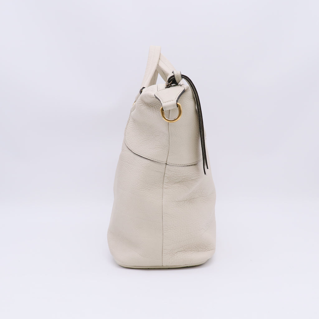Gucci White Pebbled Leather Twill Top Handle Bag B23973