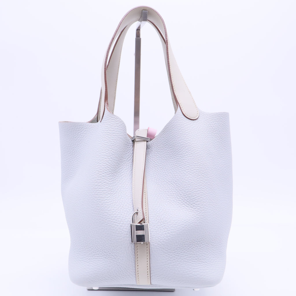 Hermes 22cmm Bi-Color Bleu Pale/Gris Pearl Clemence and Swift Leather Palladium Plated Picotin Lock Bag Twins LDJ2865
