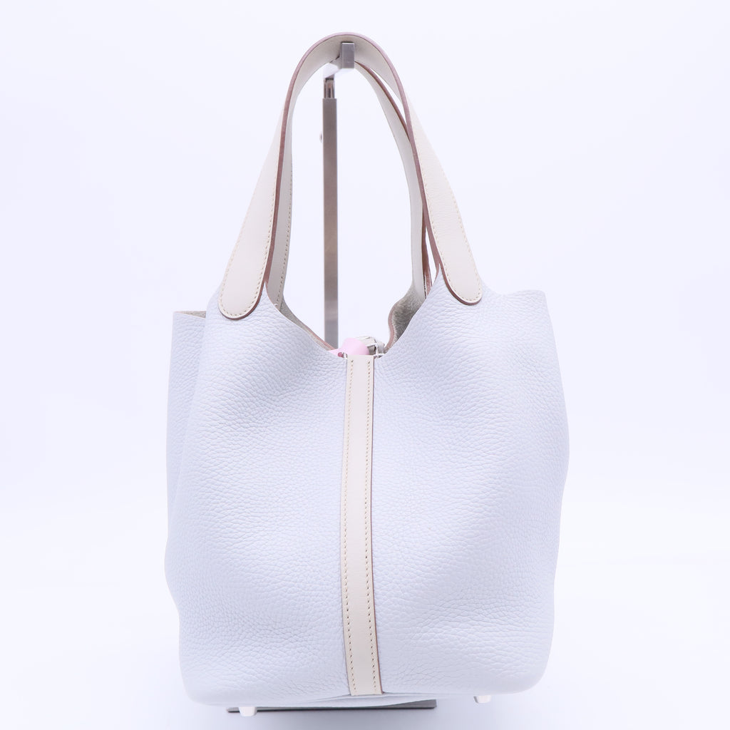 Hermes 22cmm Bi-Color Bleu Pale/Gris Pearl Clemence and Swift Leather Palladium Plated Picotin Lock Bag Twins LDJ2865