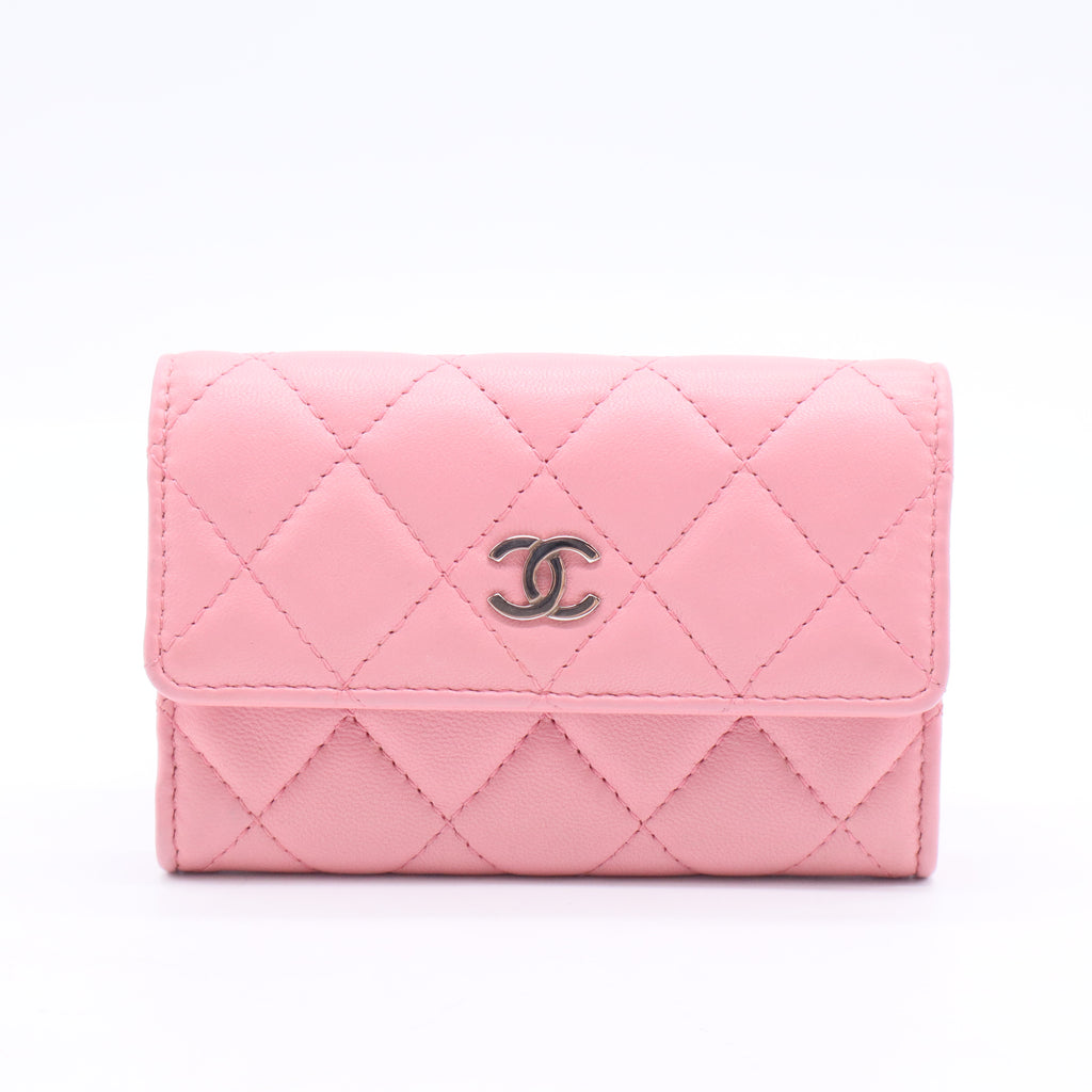 Pink Quilted Lambskin Leather Flap Card Holder