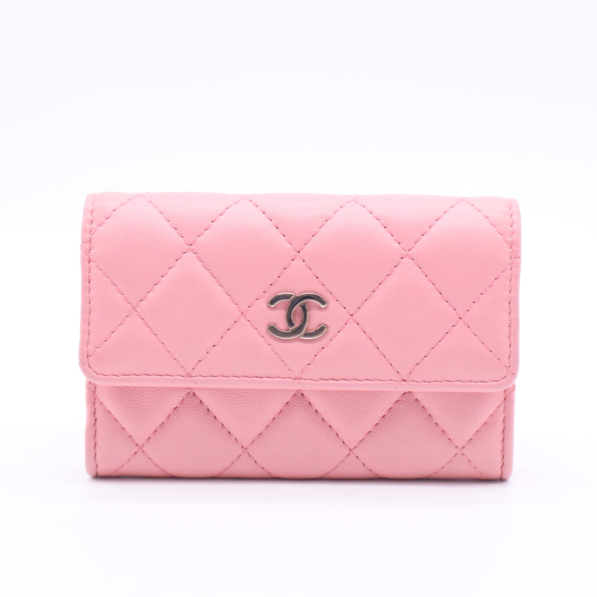Pink Quilted Lambskin Leather Flap Card Holder