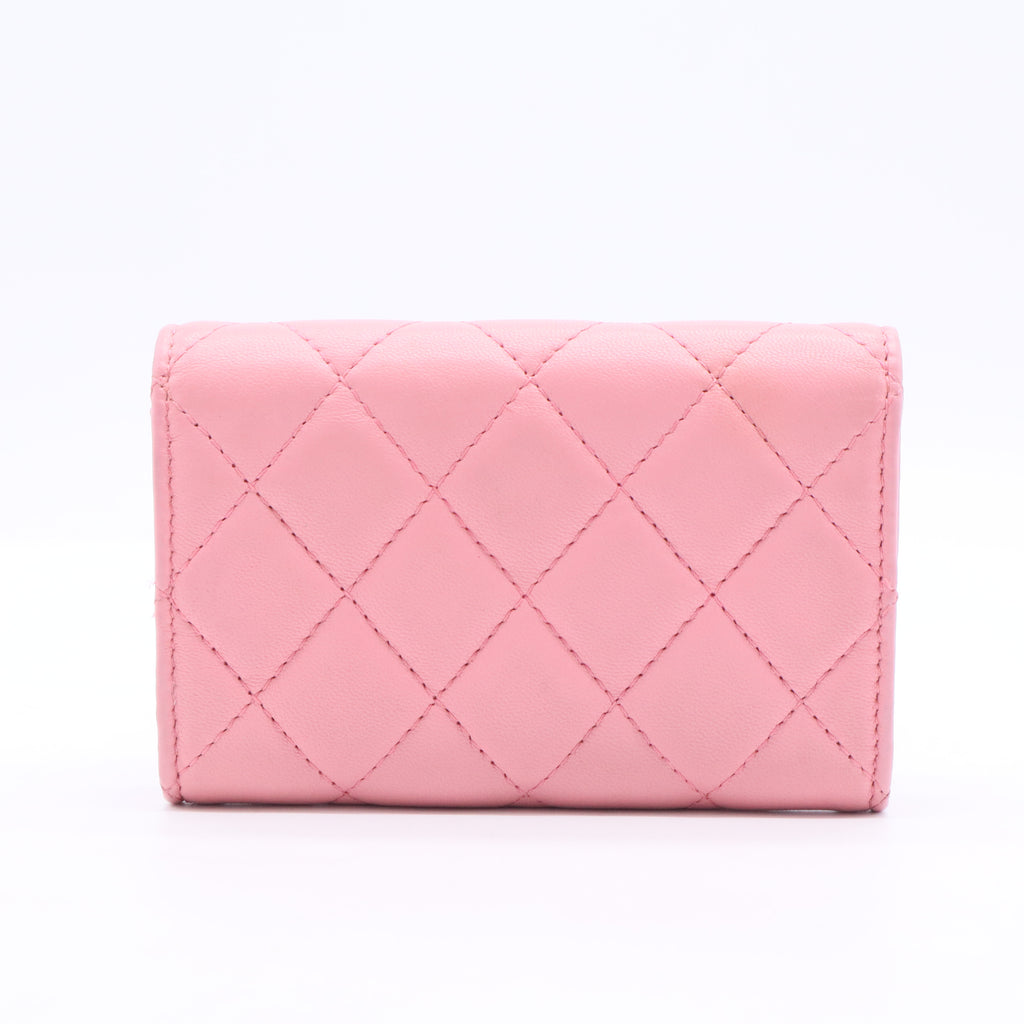 Pink Quilted Lambskin Leather Flap Card Holder