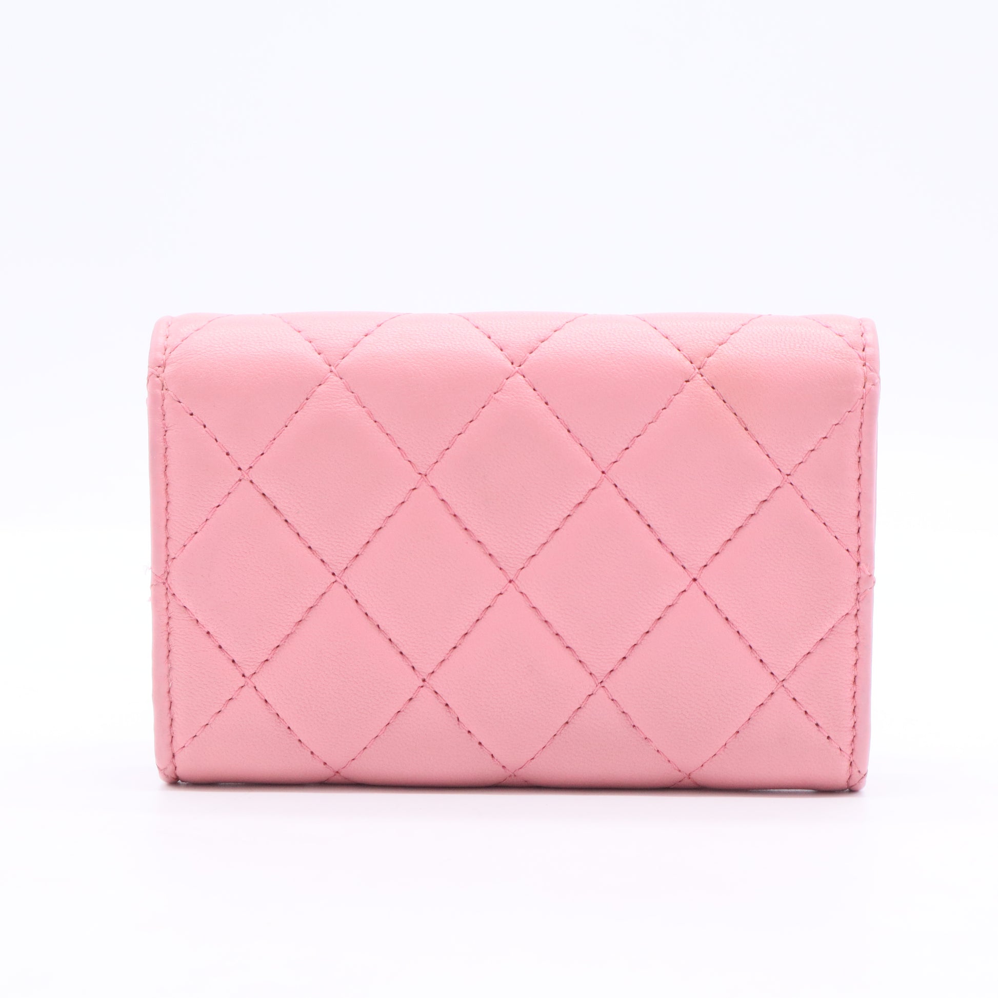 Pink Quilted Lambskin Leather Flap Card Holder