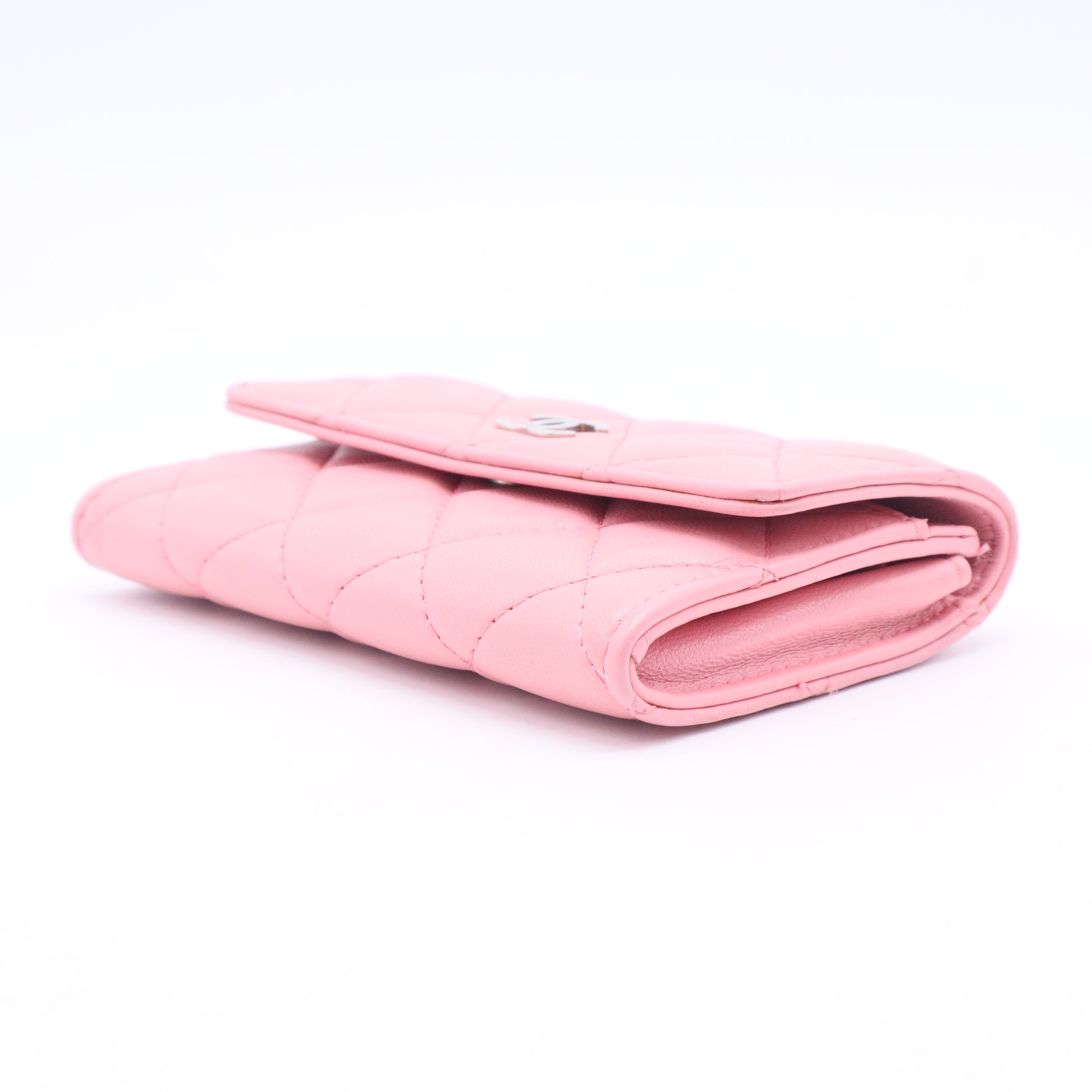 Pink Quilted Lambskin Leather Flap Card Holder