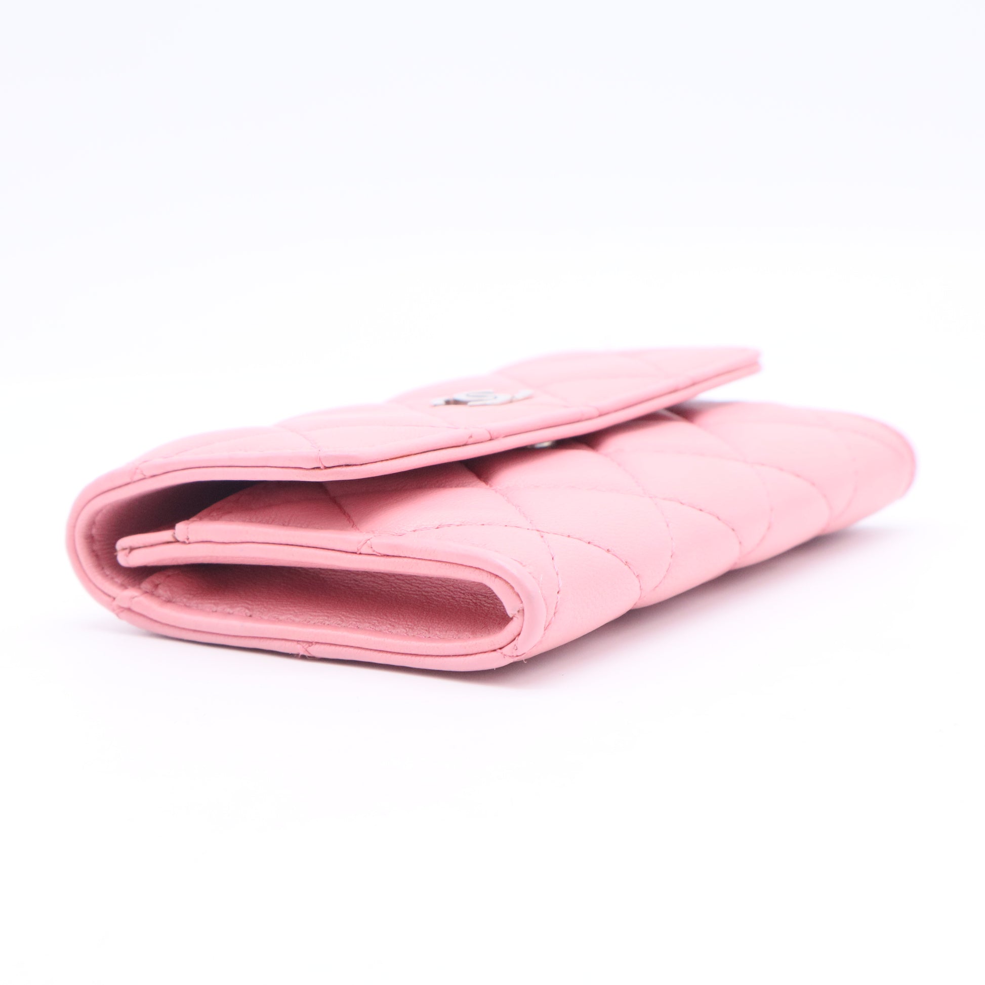 Pink Quilted Lambskin Leather Flap Card Holder
