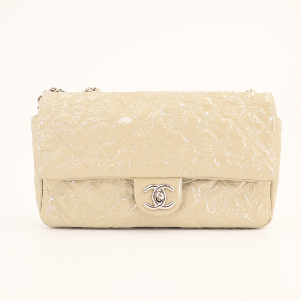 Chanel Classic Flap Bag in Patent Leather with Embossed Symbols twins