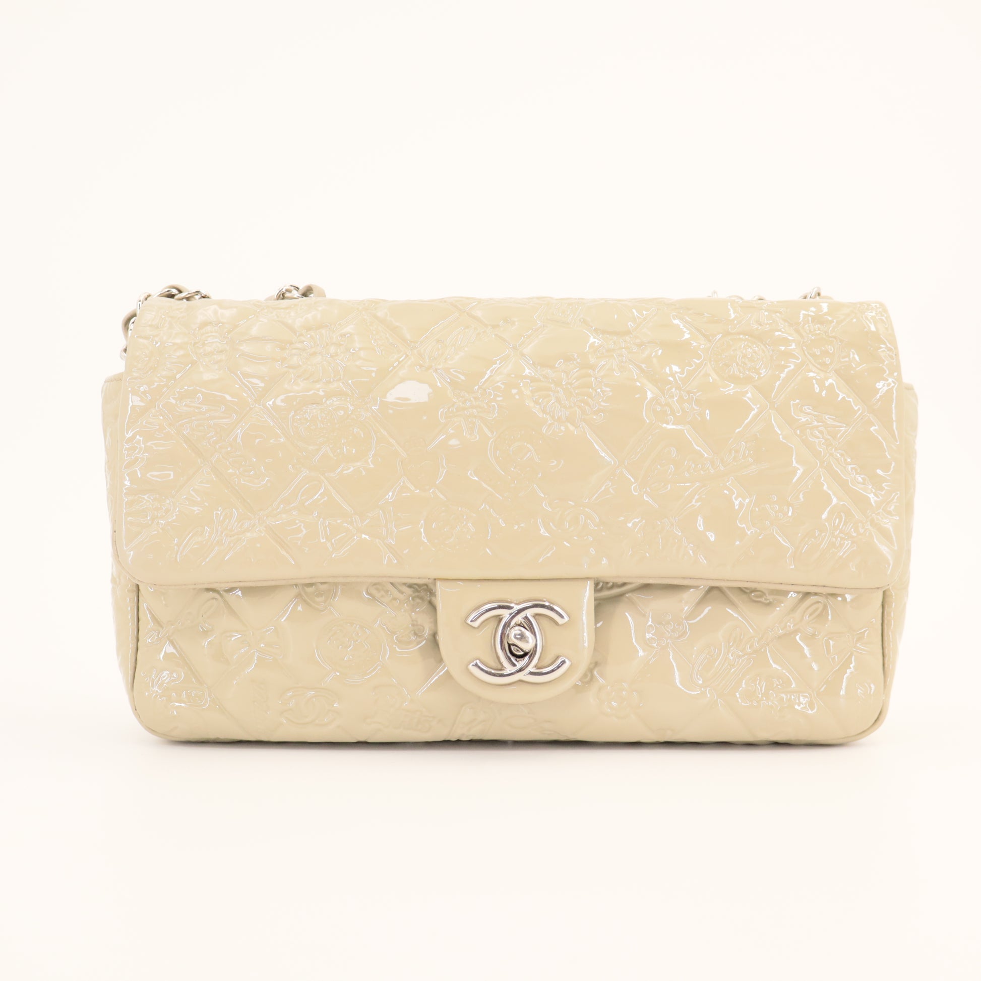 Chanel Classic Flap Bag in Patent Leather with Embossed Symbols twins