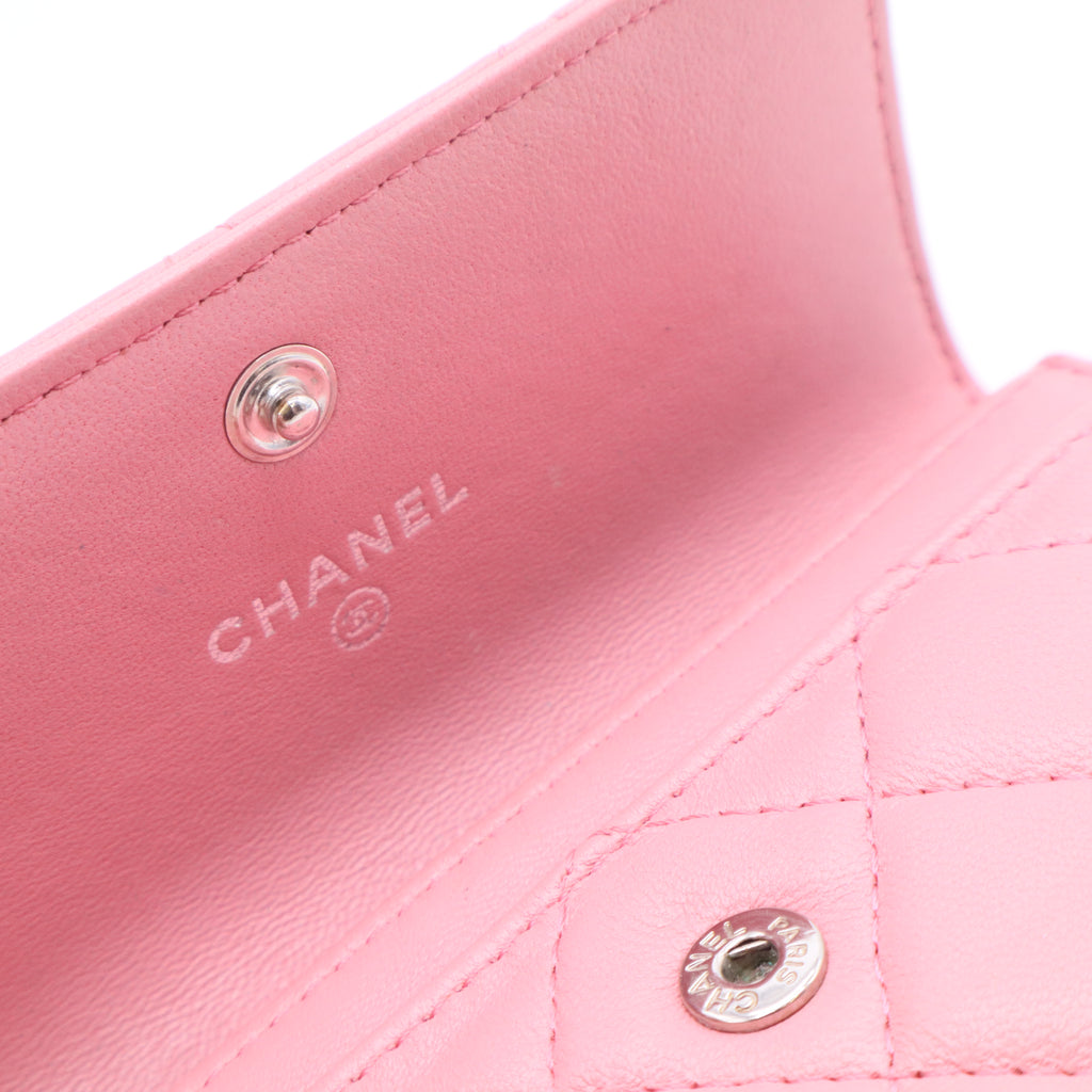 Pink Quilted Lambskin Leather Flap Card Holder