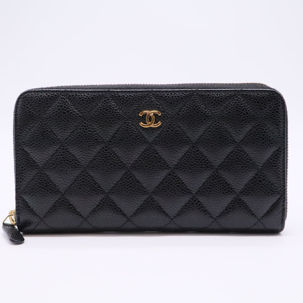 Caviar Quilted Large Gusset Zip Around Wallet Black