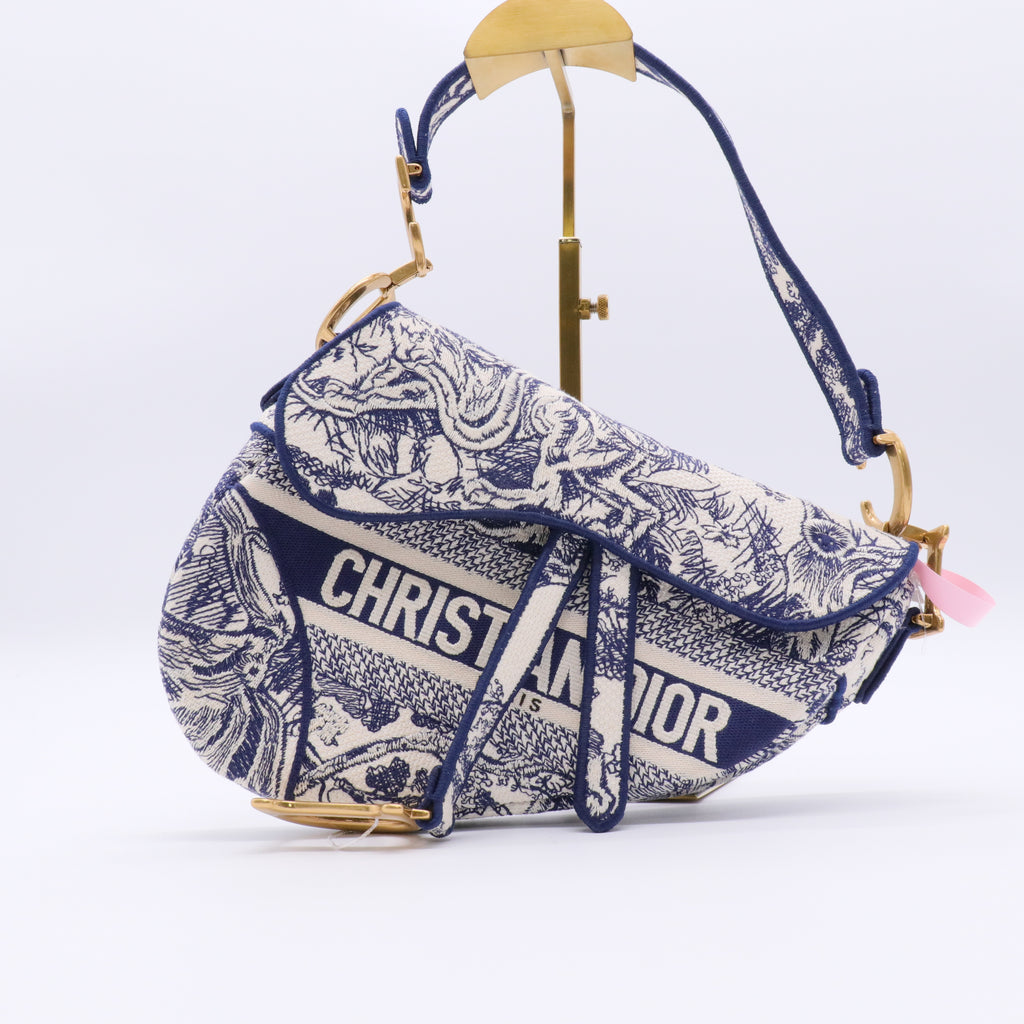 Canvas Embroidered Toile de Jouy Saddle Bag Blue twins