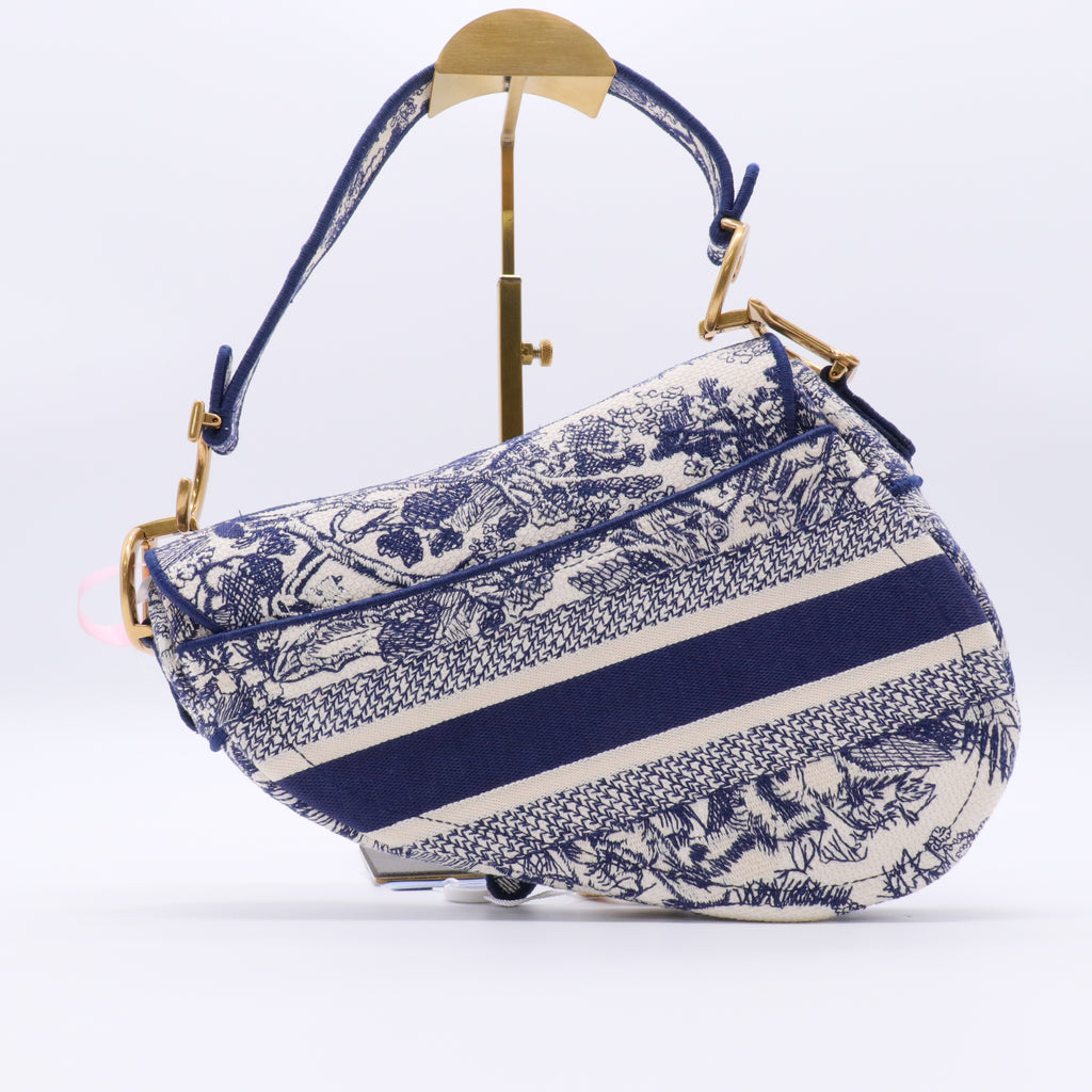 Canvas Embroidered Toile de Jouy Saddle Bag Blue twins