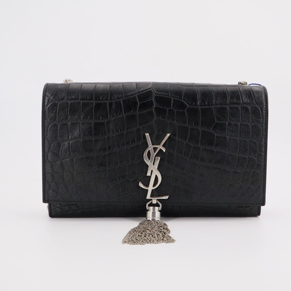 SAINT LAURENT Classic Monogram Tassel Crossbody Bag Crocodile Embossed Leather Medium Twins