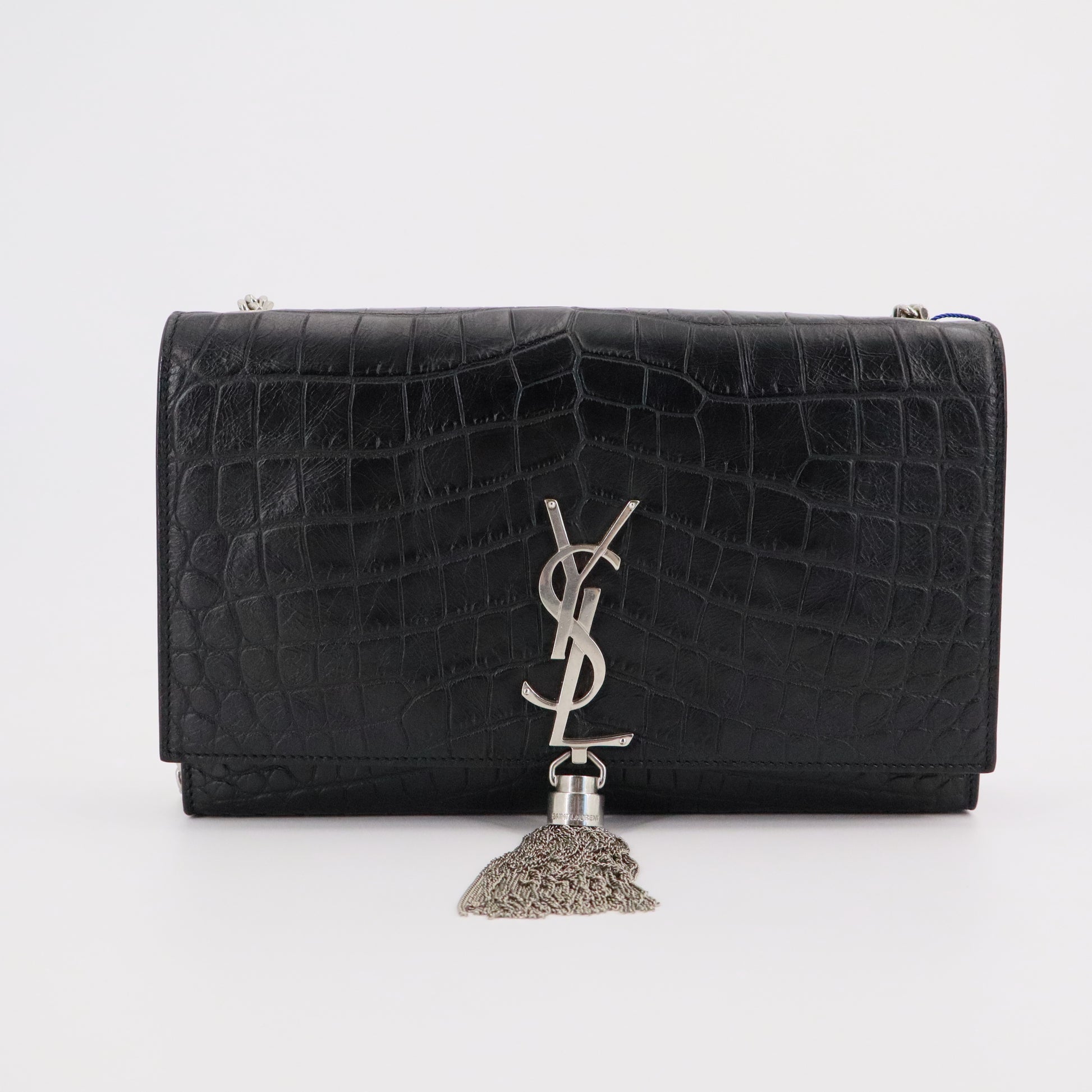 SAINT LAURENT Classic Monogram Tassel Crossbody Bag Crocodile Embossed Leather Medium Twins