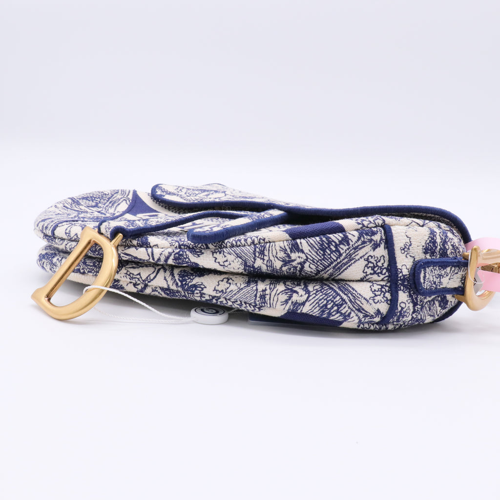 Canvas Embroidered Toile de Jouy Saddle Bag Blue twins
