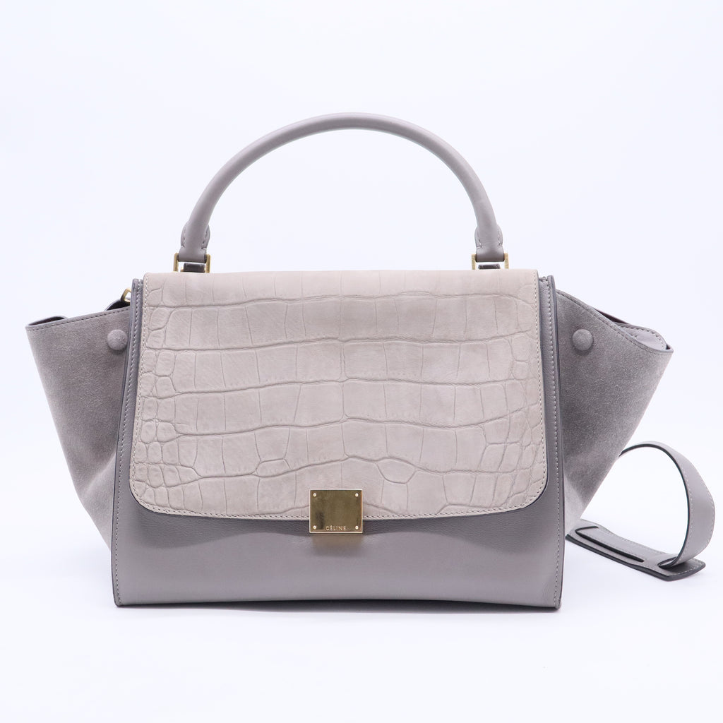 Grey Crocodile Stamped Nubuck and Smooth Leather Large Trapeze Bag TWINS B20272