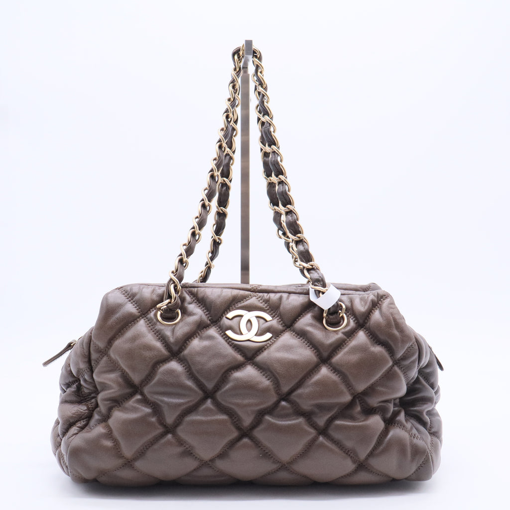 Chanel Calfskin Bubble Quilt Bowler Brown Twins B20291