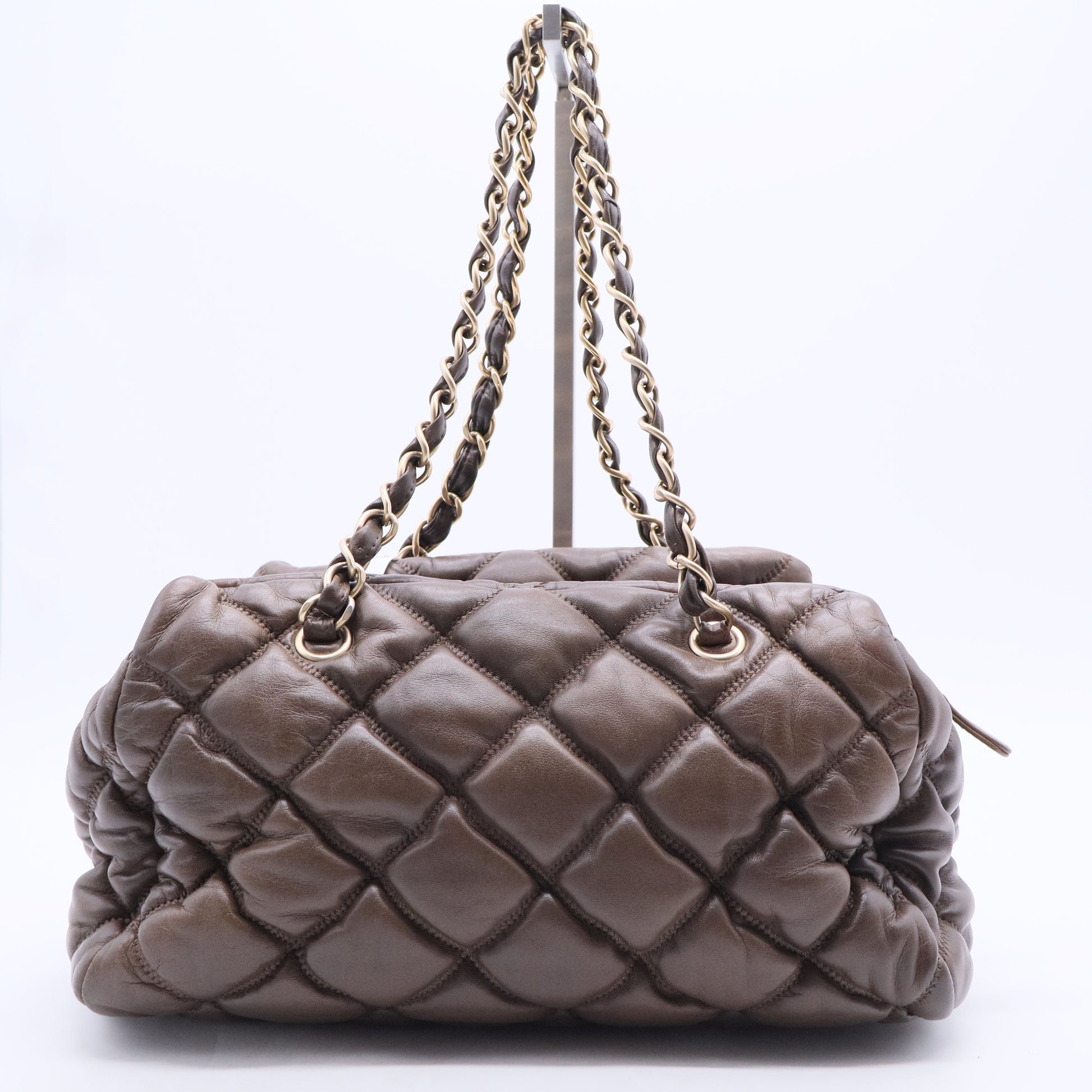 Chanel Calfskin Bubble Quilt Bowler Brown Twins B20291