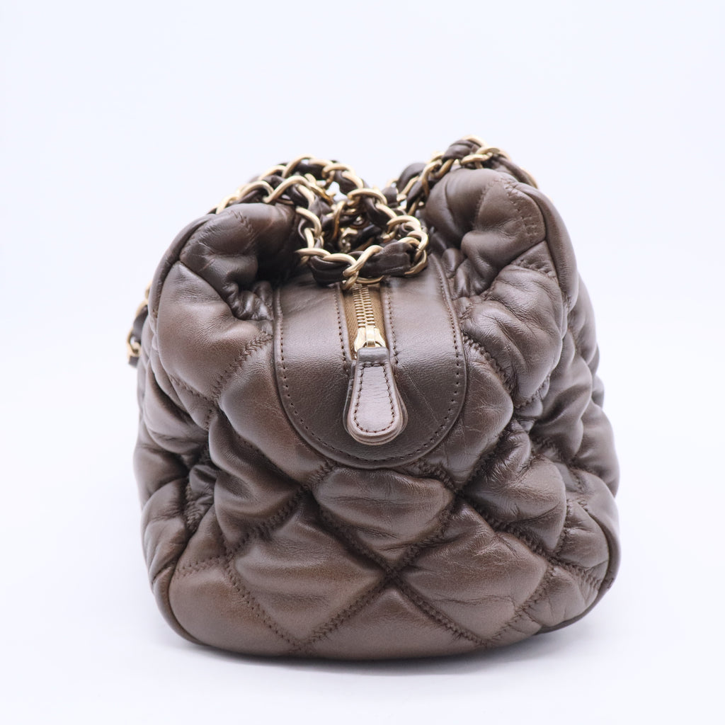 Chanel Calfskin Bubble Quilt Bowler Brown Twins B20291