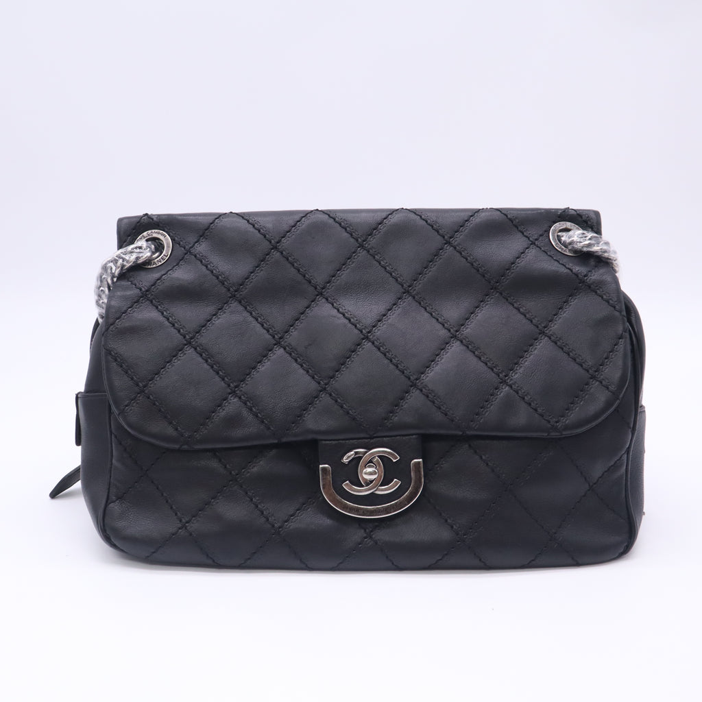 Chanel Calfskin Quilted Jumbo Coco Sporran Flap Black twins LDJ5782