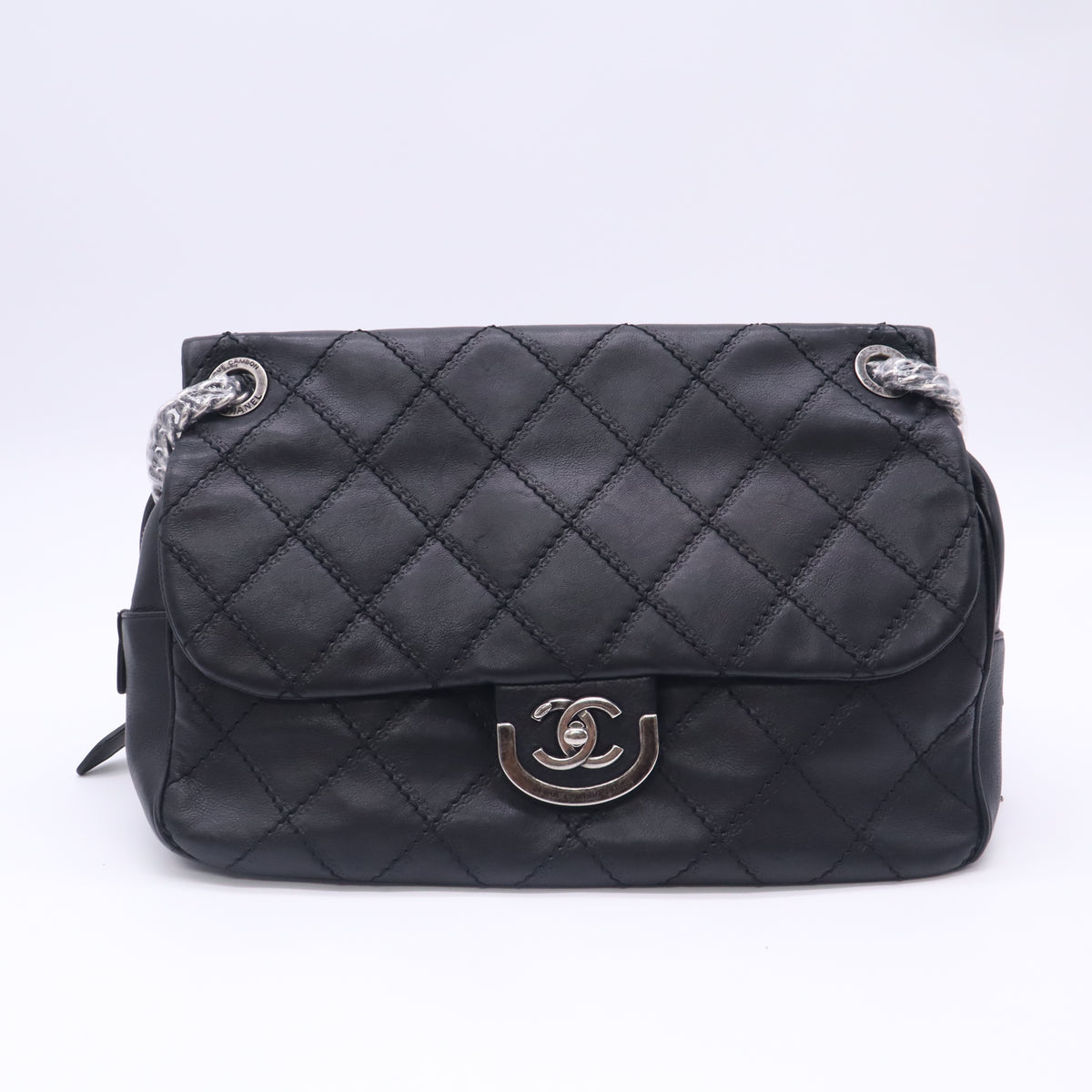 Chanel Calfskin Quilted Jumbo Coco Sporran Flap Black twins LDJ5782
