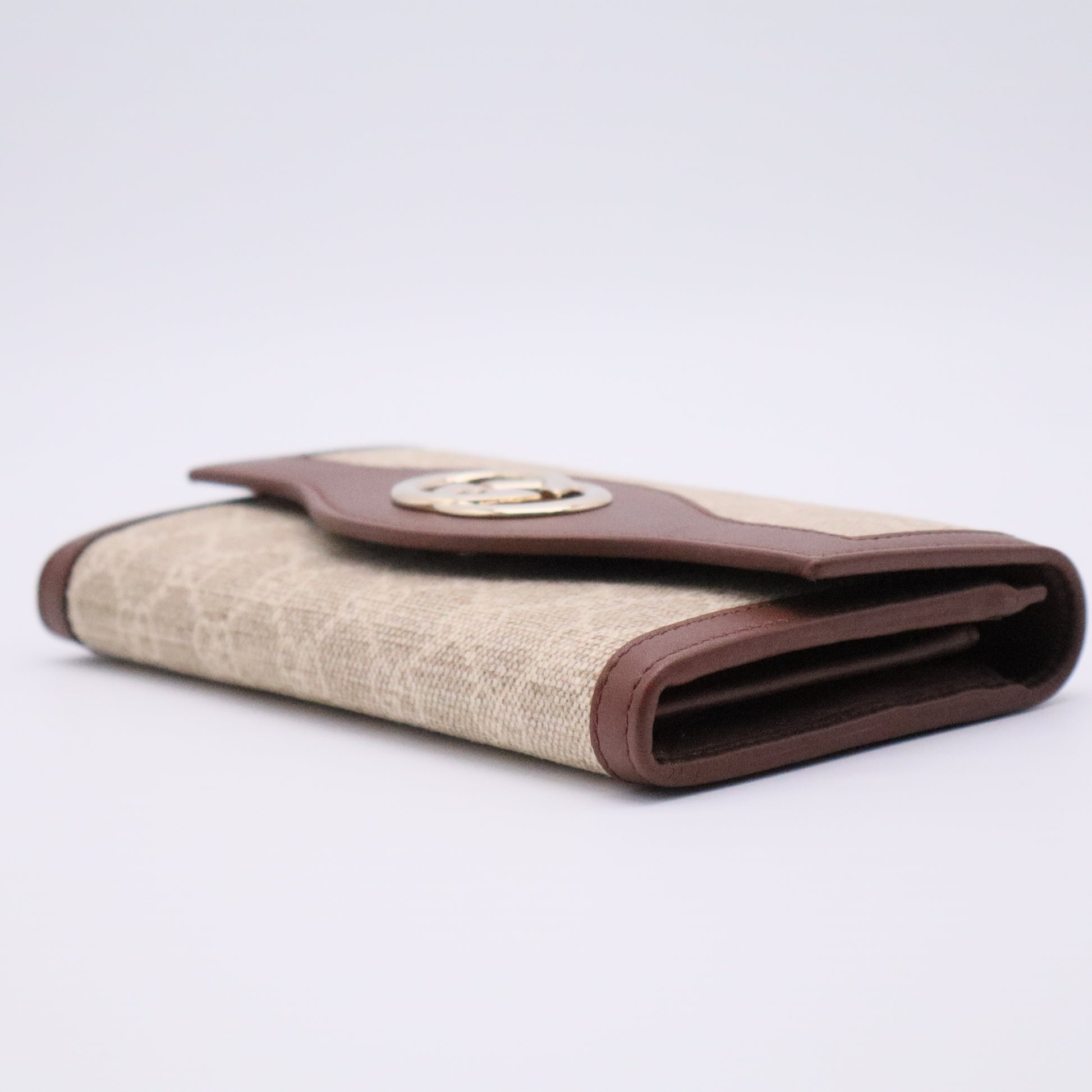 GG Jacquard Flap Wallet with Brown Leather Trim