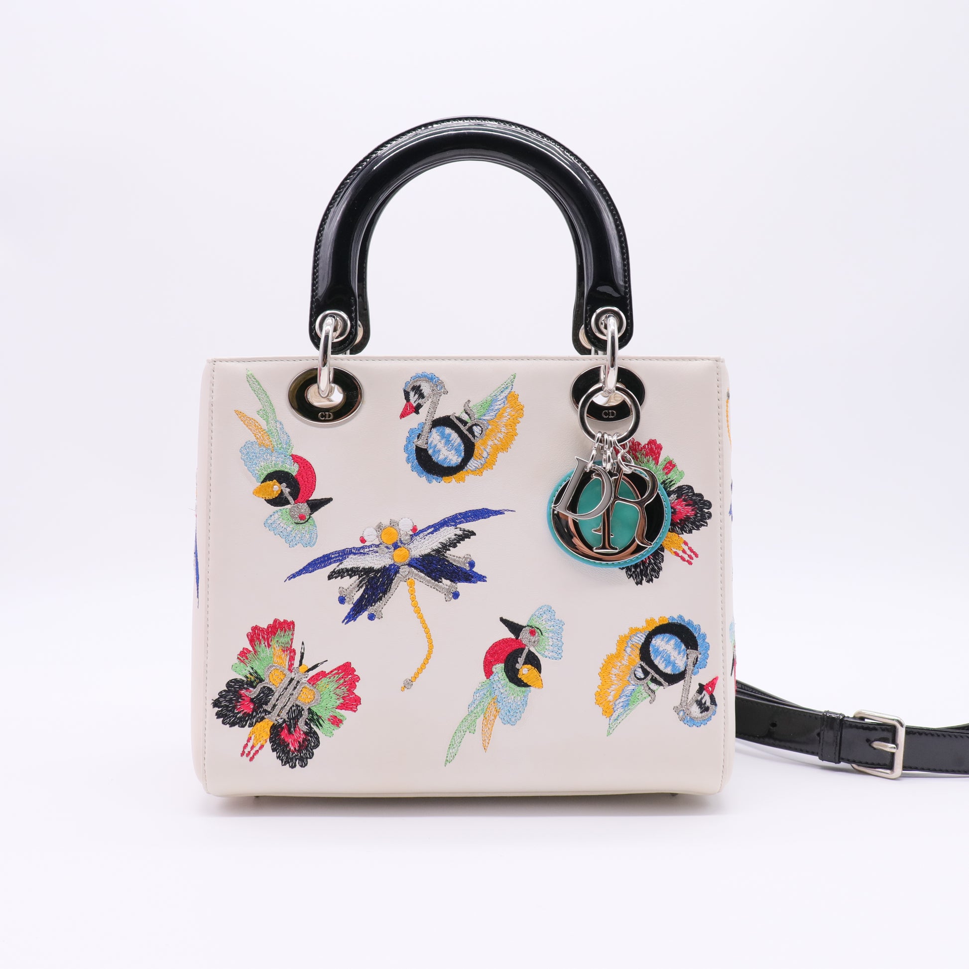 Smooth Calfskin Embroidered Medium Lady Dior White Multicolor twins