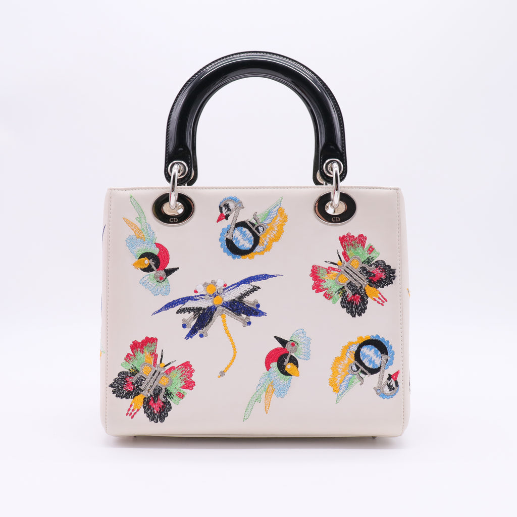Smooth Calfskin Embroidered Medium Lady Dior White Multicolor twins