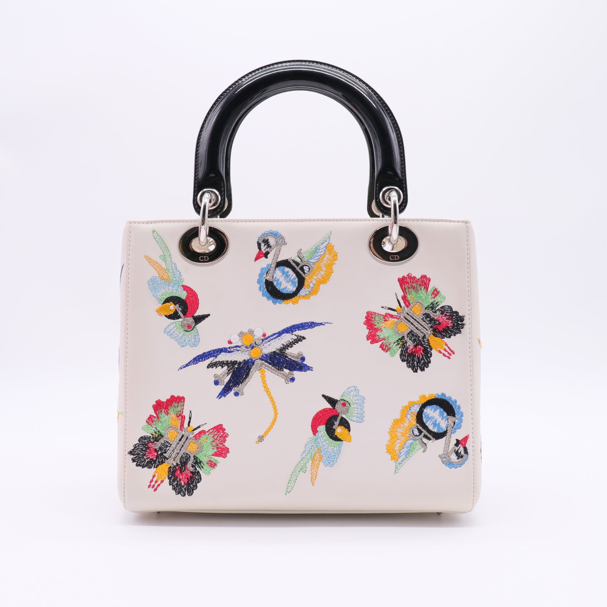 Smooth Calfskin Embroidered Medium Lady Dior White Multicolor twins