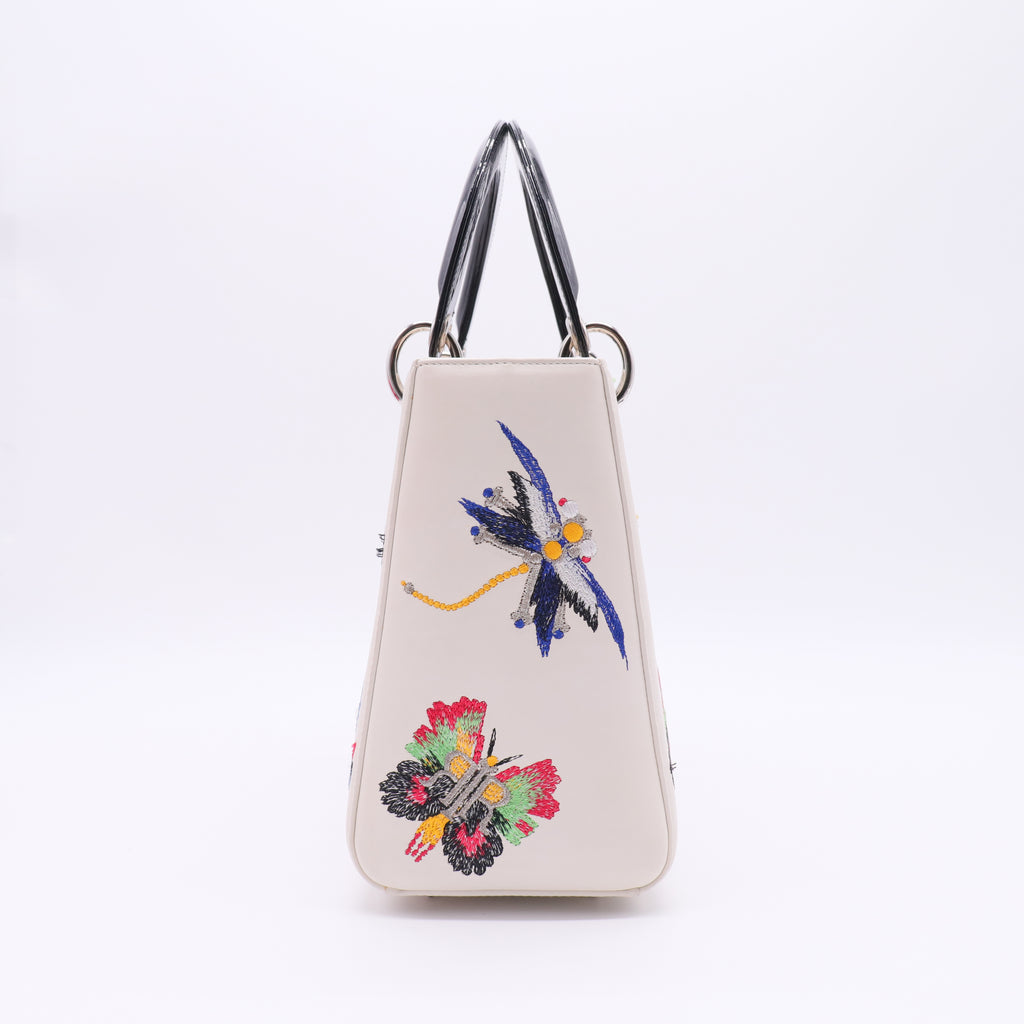 Smooth Calfskin Embroidered Medium Lady Dior White Multicolor twins