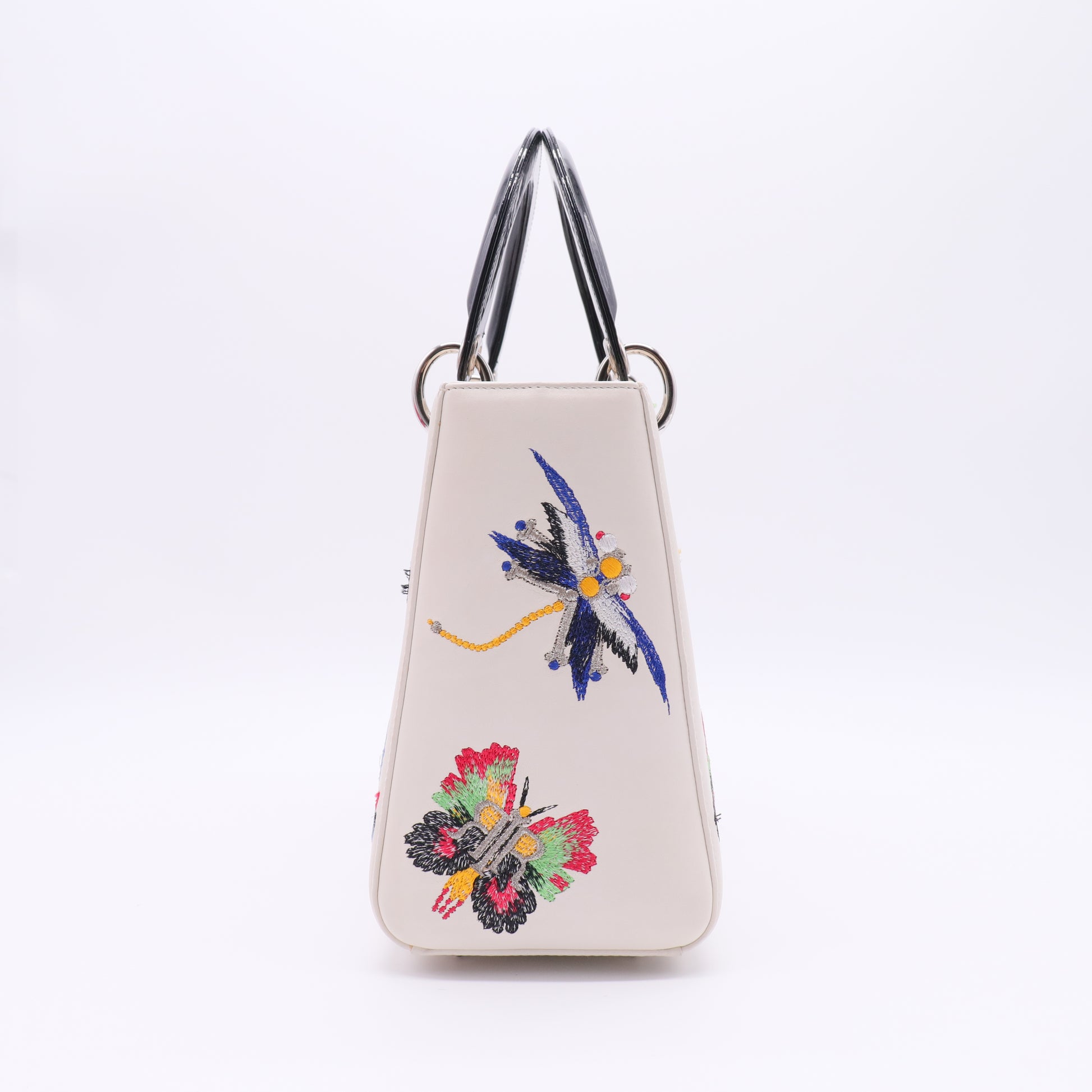 Smooth Calfskin Embroidered Medium Lady Dior White Multicolor twins