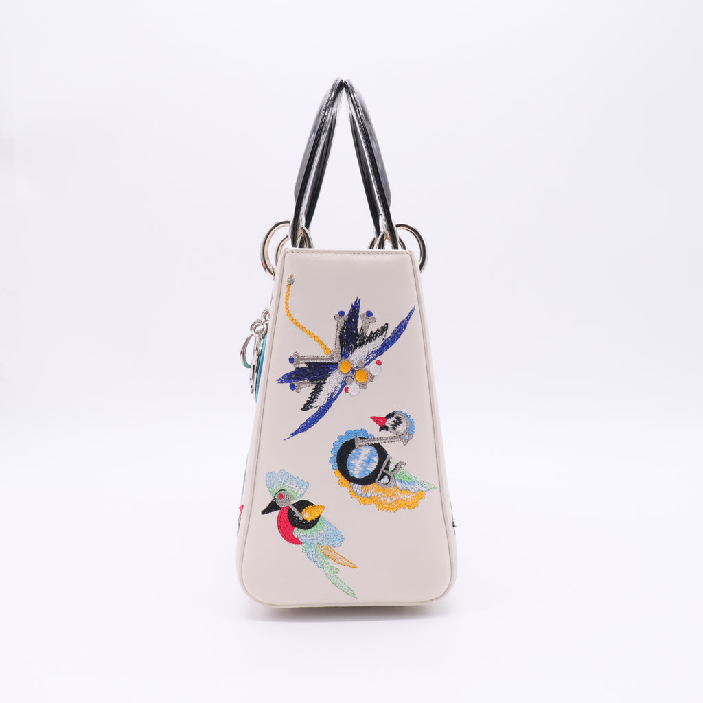 Smooth Calfskin Embroidered Medium Lady Dior White Multicolor twins